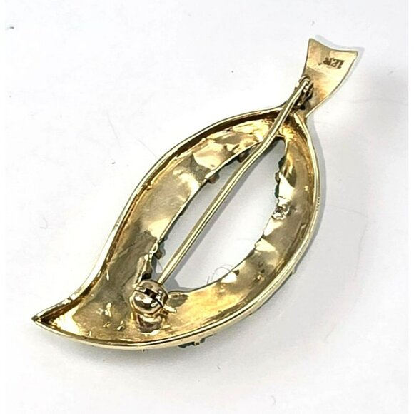 Raw Emerald Brooch Pin 18k Yellow Gold Leaf Shape Vintage Artisan STUNNING LI613 - Picture 5 of 15